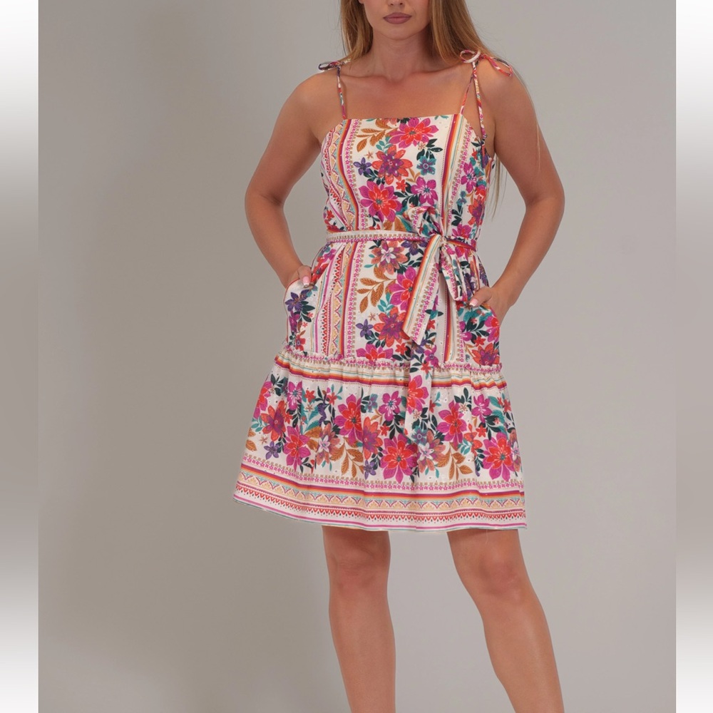 julia jordan Multicolor Eyelit Floral Print Tie-Shoulder Mini Dress NWT size xs